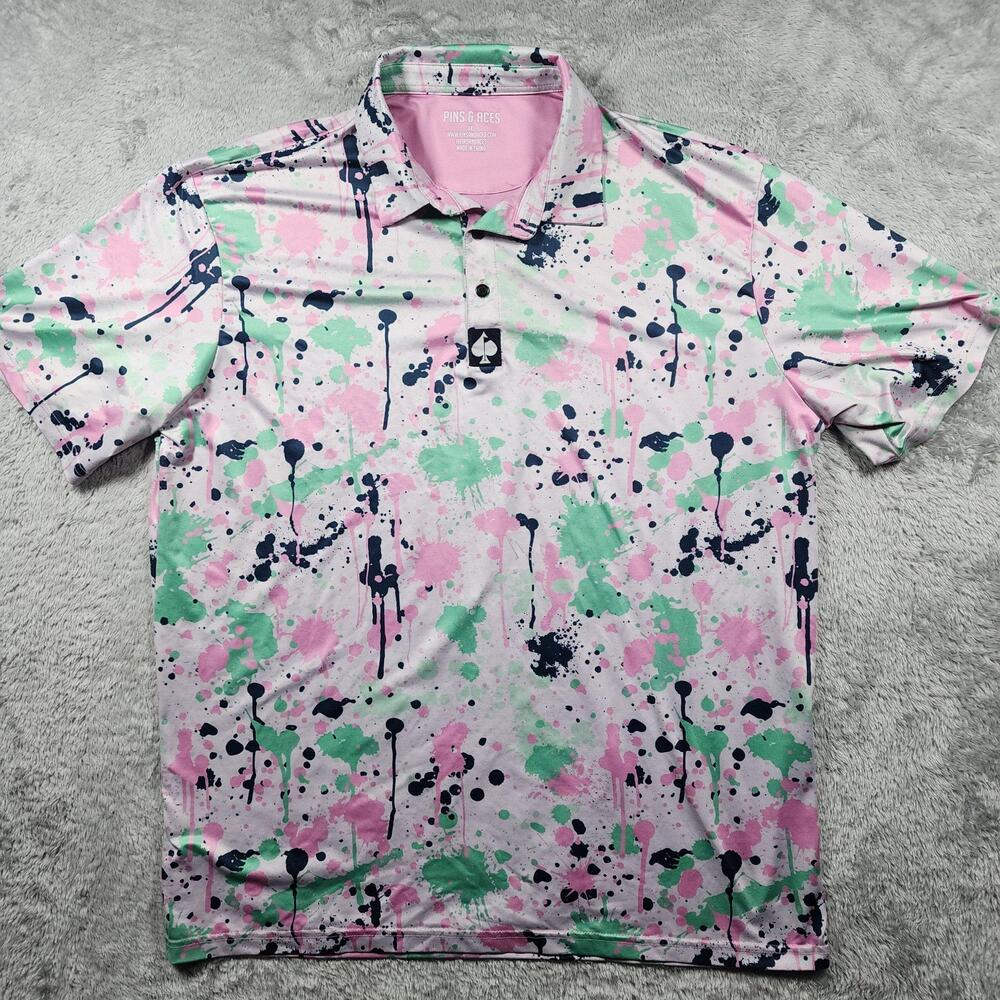 Pins & Aces Shirt Mens 2XL Pink Green Splatter Short Sleeve Golf Polo Print